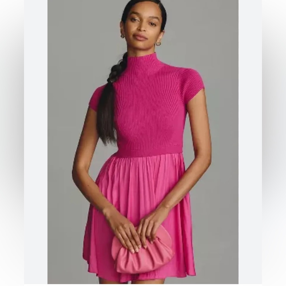 Anthropologie Thea Twofer Sweater mini Dress hot pink rose small NWT